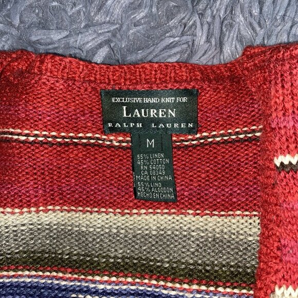 Lauren Ralph Lauren Women M Handknit Linen Blend Cardigan Southwest Stripe Aztec - Picture 6 of 6